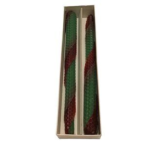 Vintage Holiday Twist Hand Rolled Honeycomb Beeswax Taper Candles Green Red 9"